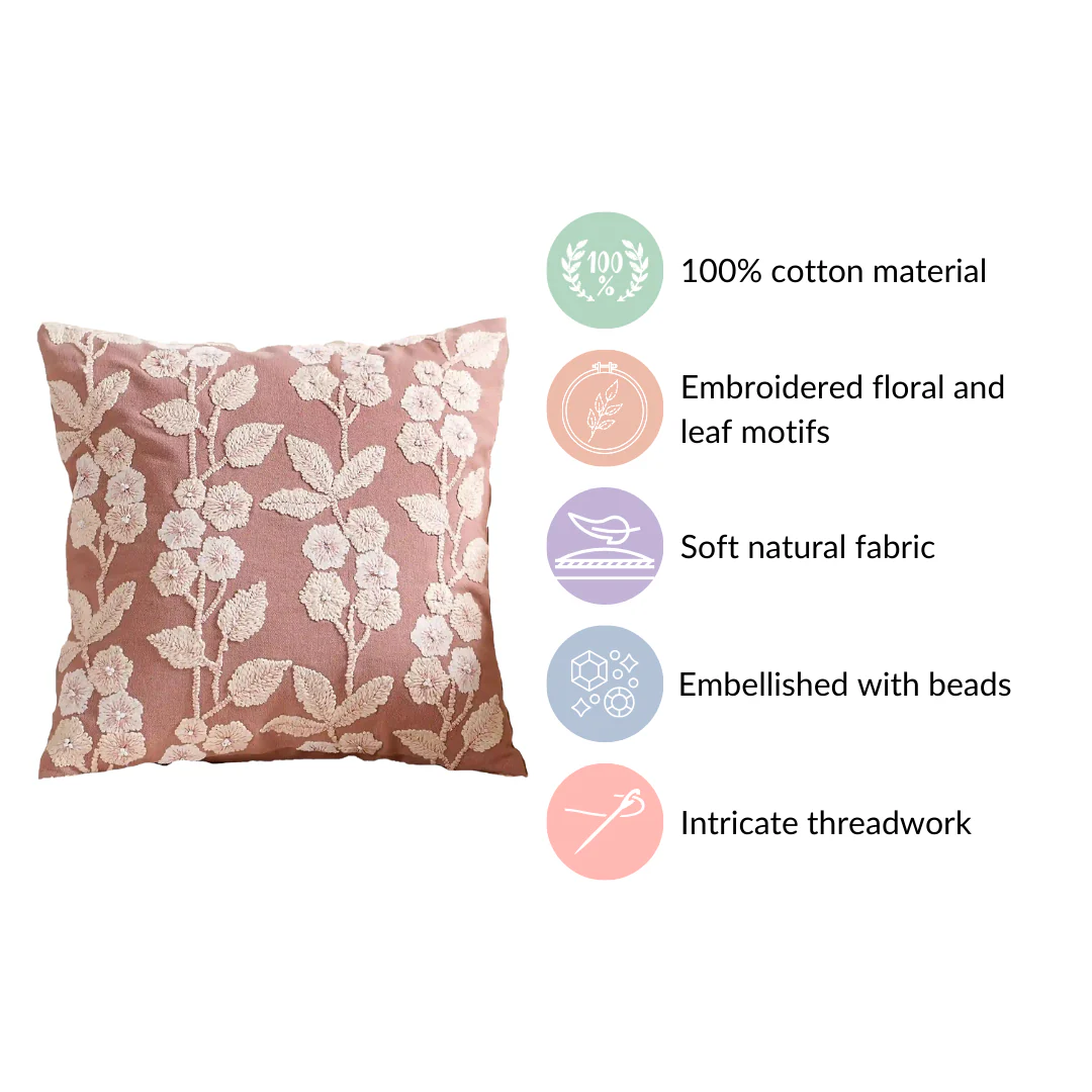 Linen Cushion Cover With Threadwork Pink 16x16 Inch - Image 5