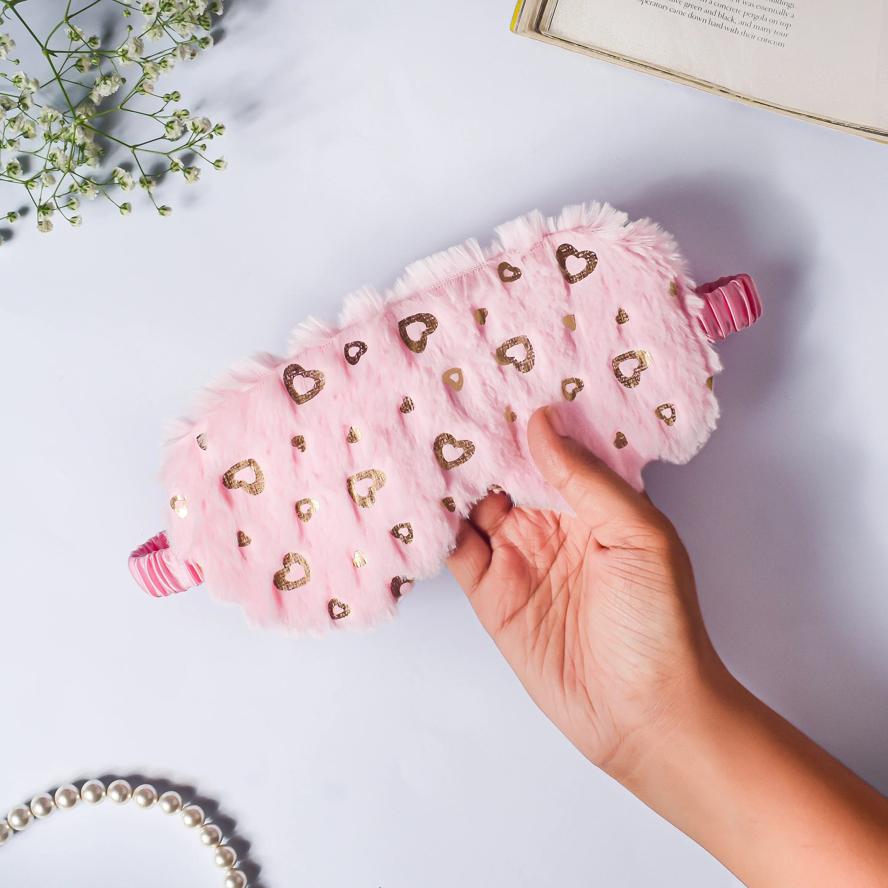Little Hearts Plush Pink Travel Eye Mask - Image 2