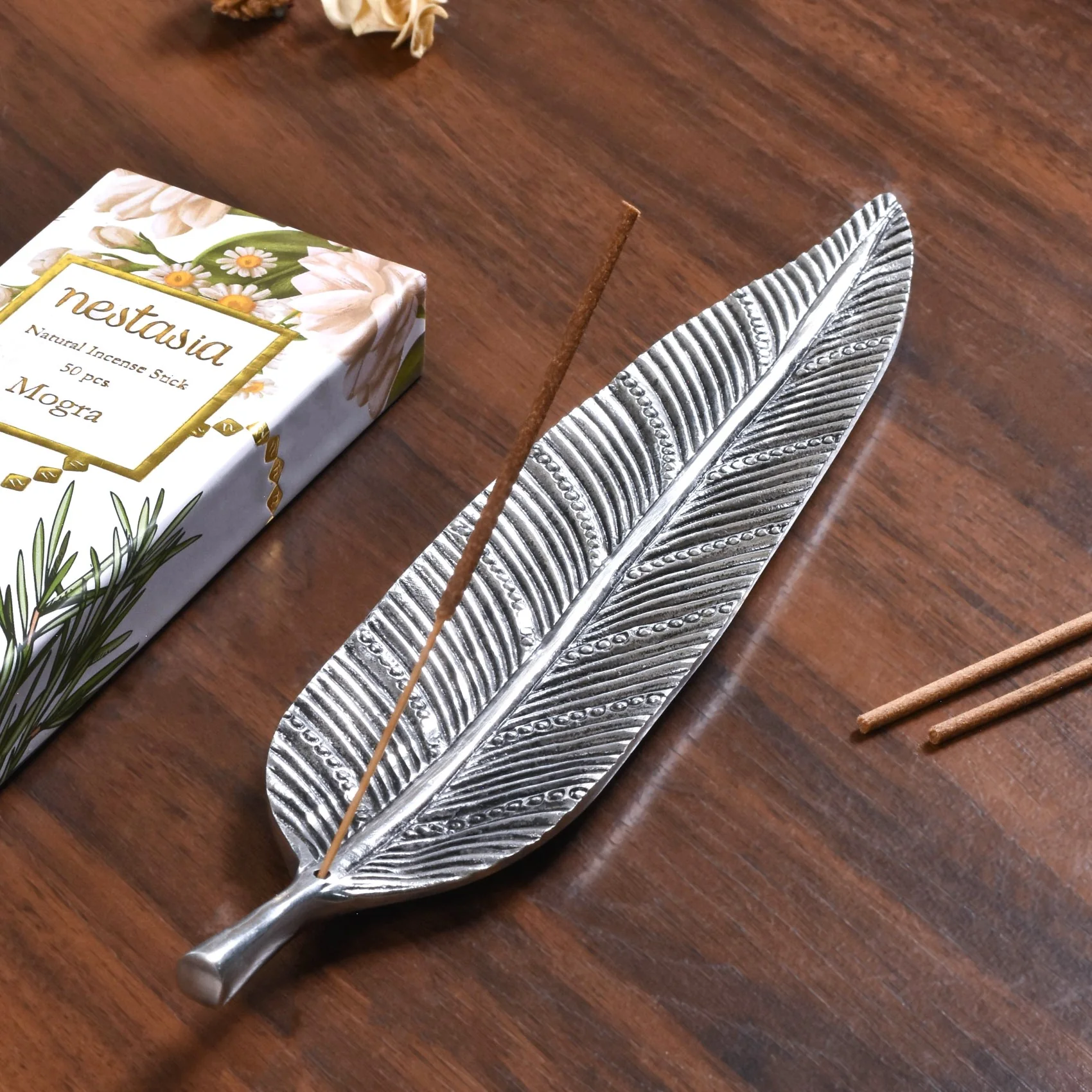 Long Leaf Incense Holder With Mogra Incense Sticks - Image 2