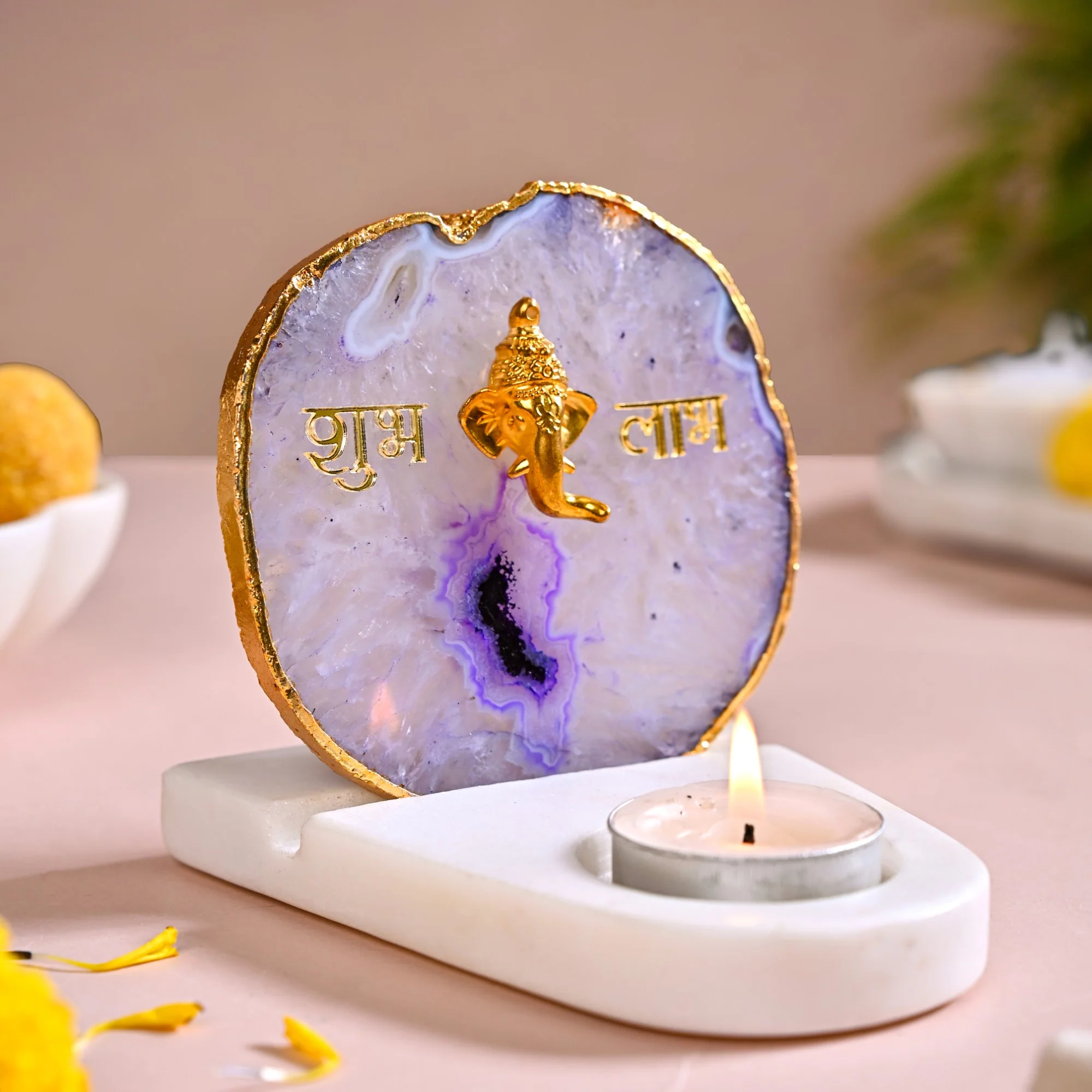 Lord Ganesh Agate Tealight Holder With Marble Base - Image 10