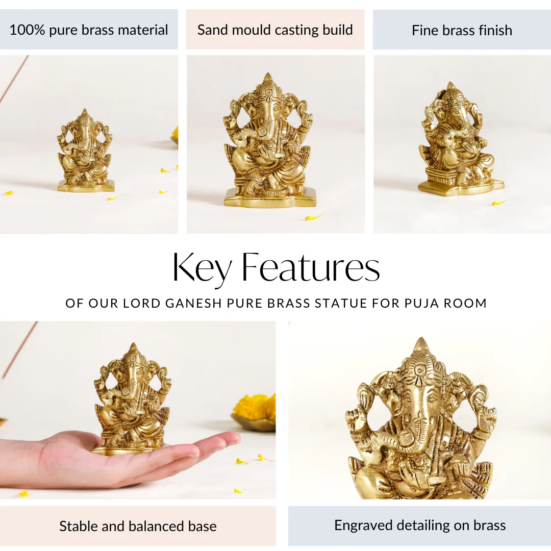 Lord Ganesh Pure Brass Statue For Puja Room 9cm - Image 5