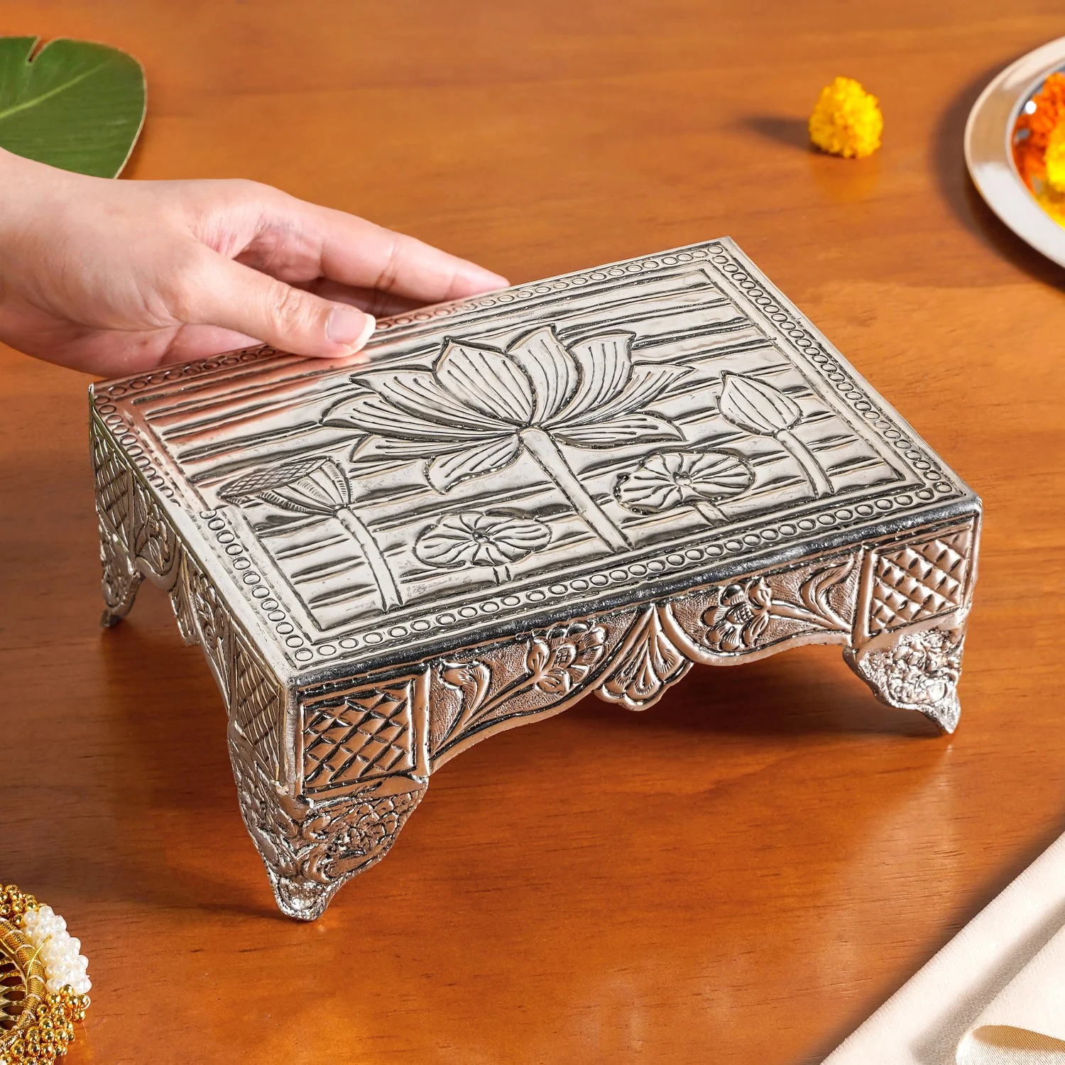 Lotus Design Pure Brass Puja Chowki With Silver Polish 20x15cm - Image 3