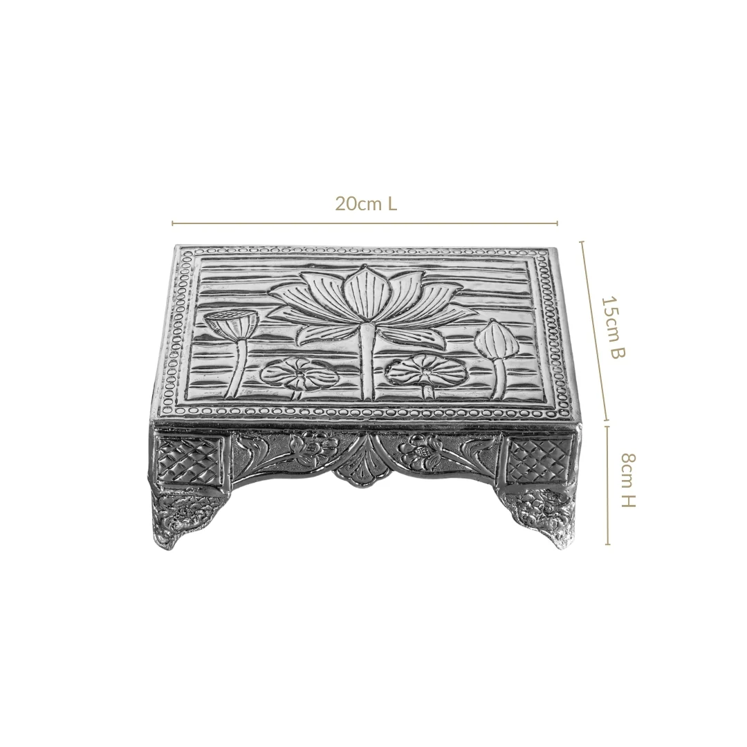 Lotus Design Pure Brass Puja Chowki With Silver Polish 20x15cm - Image 4