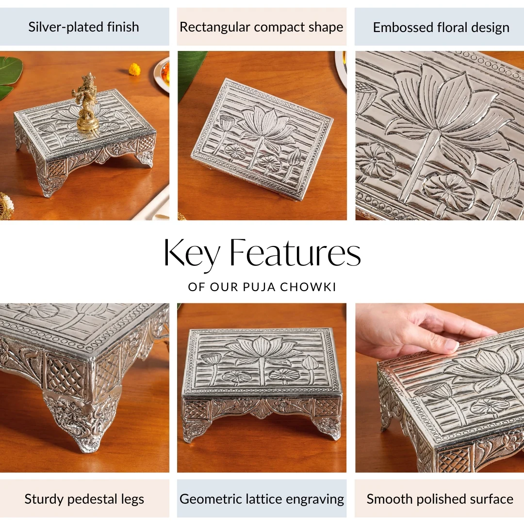 Lotus Design Pure Brass Puja Chowki With Silver Polish 20x15cm - Image 5