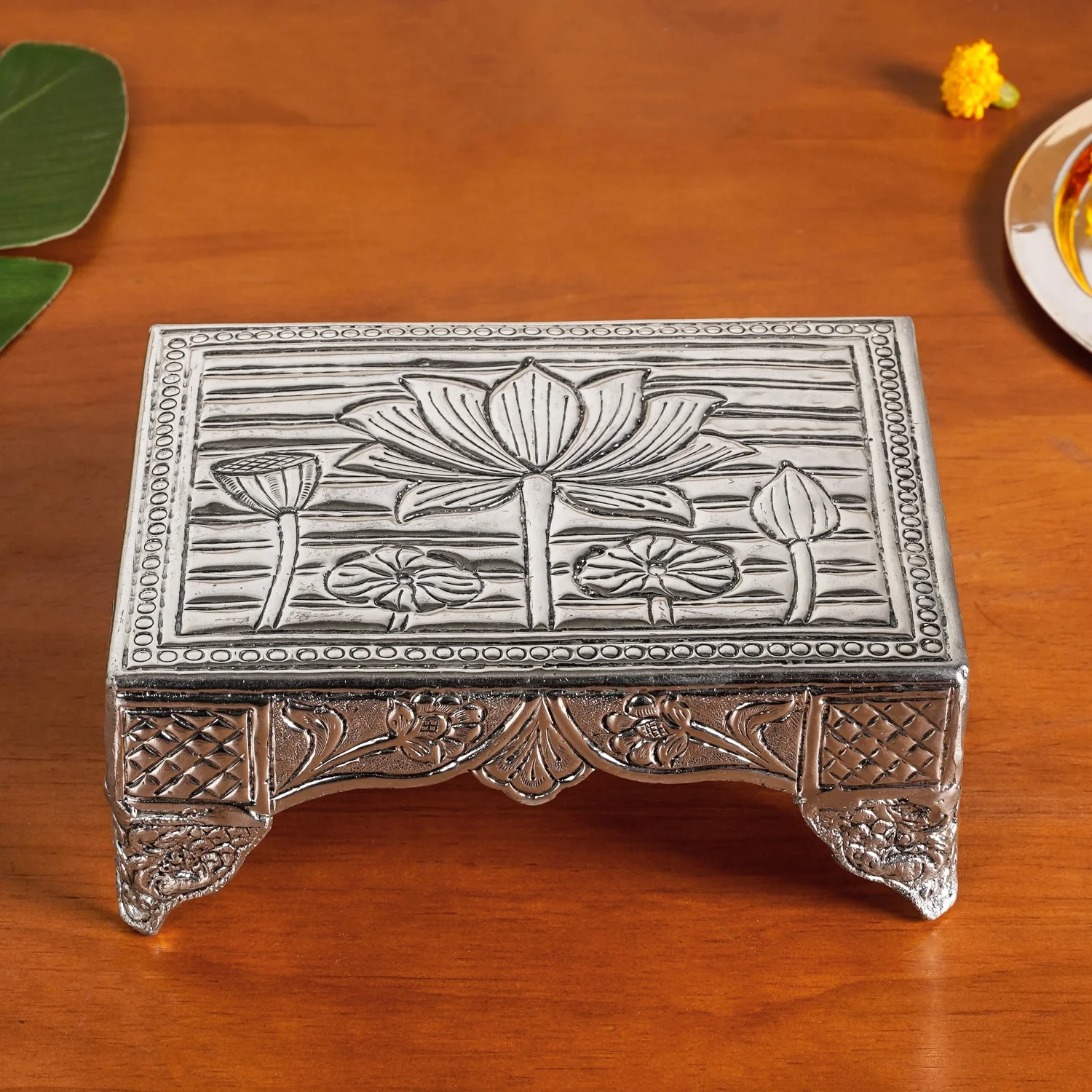 Lotus Design Pure Brass Puja Chowki With Silver Polish 20x15cm - Image 8