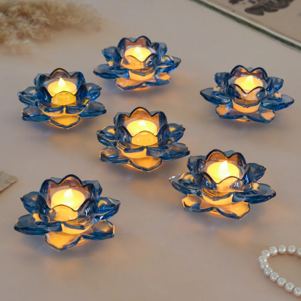 Lotus Glass Tea Light Holder Blue Set of 6 - Image 2