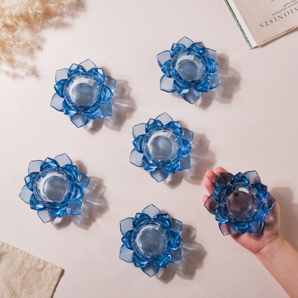 Lotus Glass Tea Light Holder Blue Set of 6 - Image 3