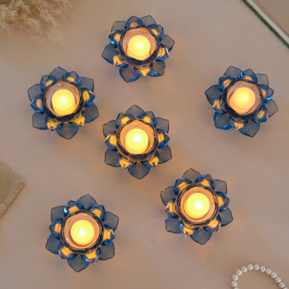 Lotus Glass Tea Light Holder Blue Set of 6 - Image 4