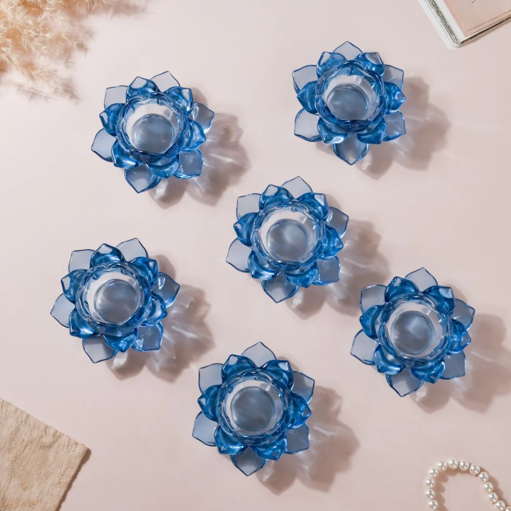 Lotus Glass Tea Light Holder Blue Set of 6 - Image 6