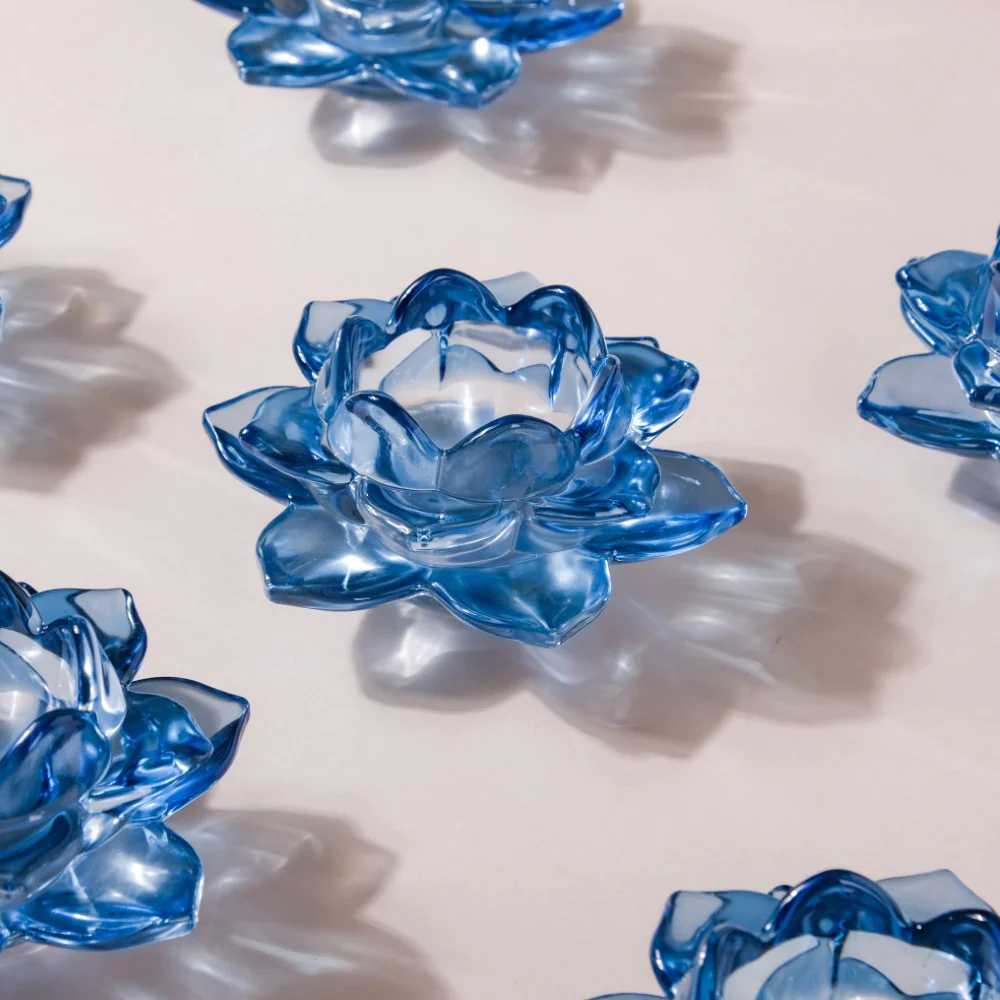 Lotus Glass Tea Light Holder Blue Set of 6 - Image 7