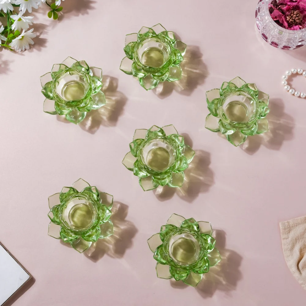 Lotus Glass Tea Light Holder Green Set of 6 - Image 4