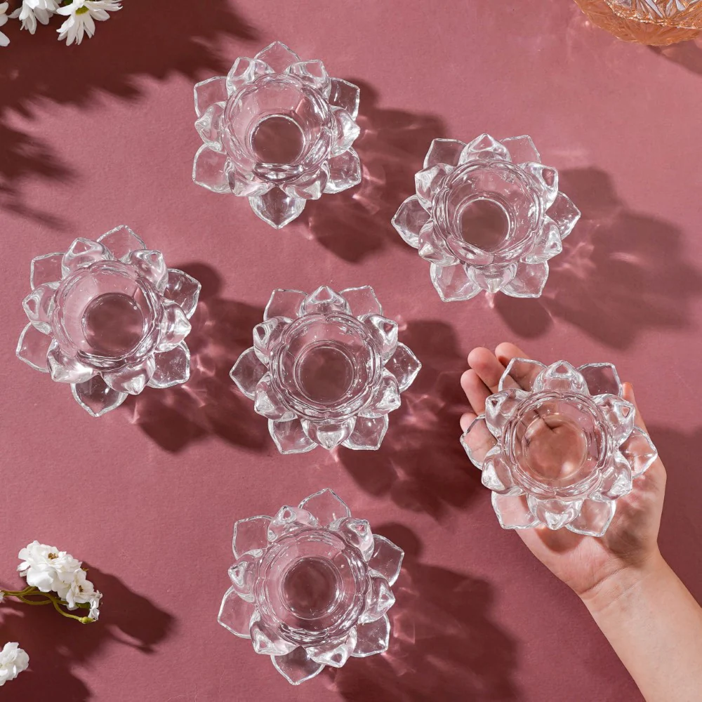 Lotus Glass Tea Light Holder Transparent Set Of 6 - Image 2