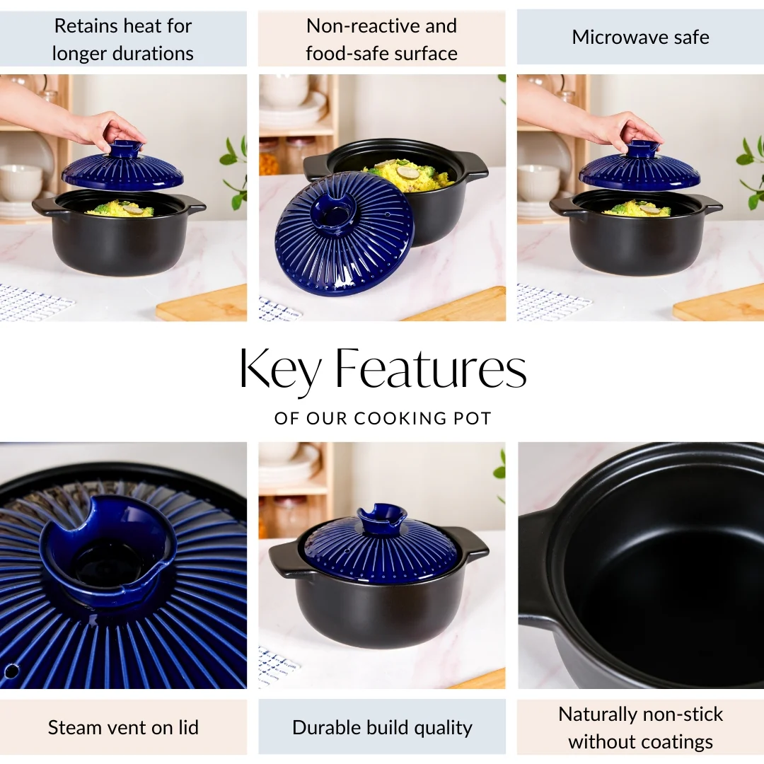 Lumea Ribbed Ceramic Cooking Pot Blue 3500ml - Image 4