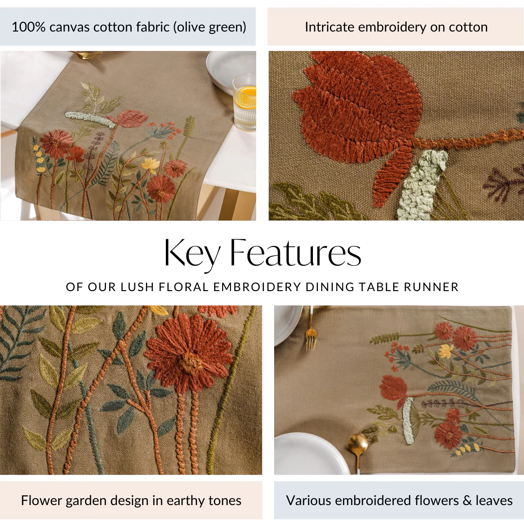 Lush Floral Embroidery Dining Table Runner - Image 6