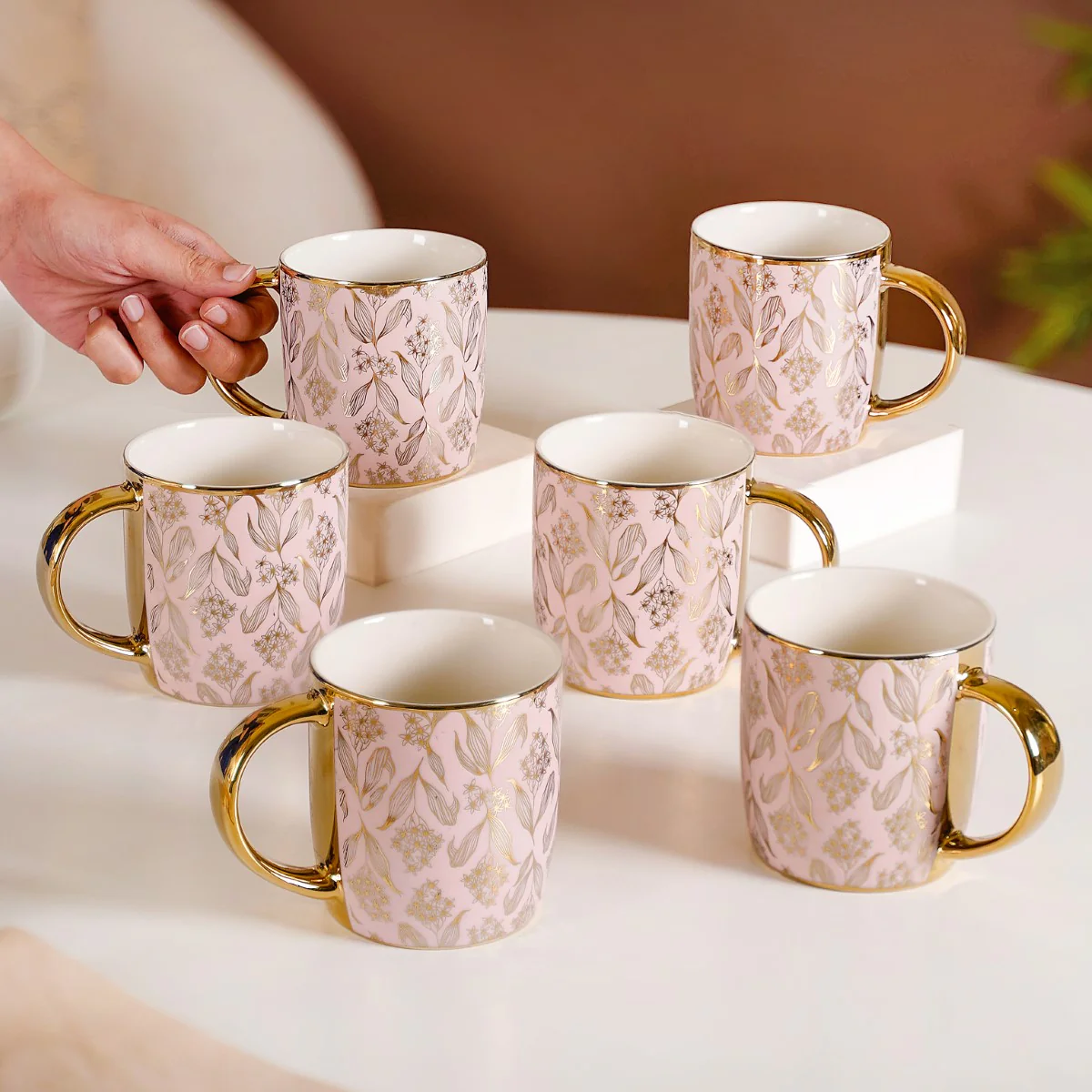 Luxe Ceramic Floral Teacup Set of 6 Pink Gold 350ml - Image 2