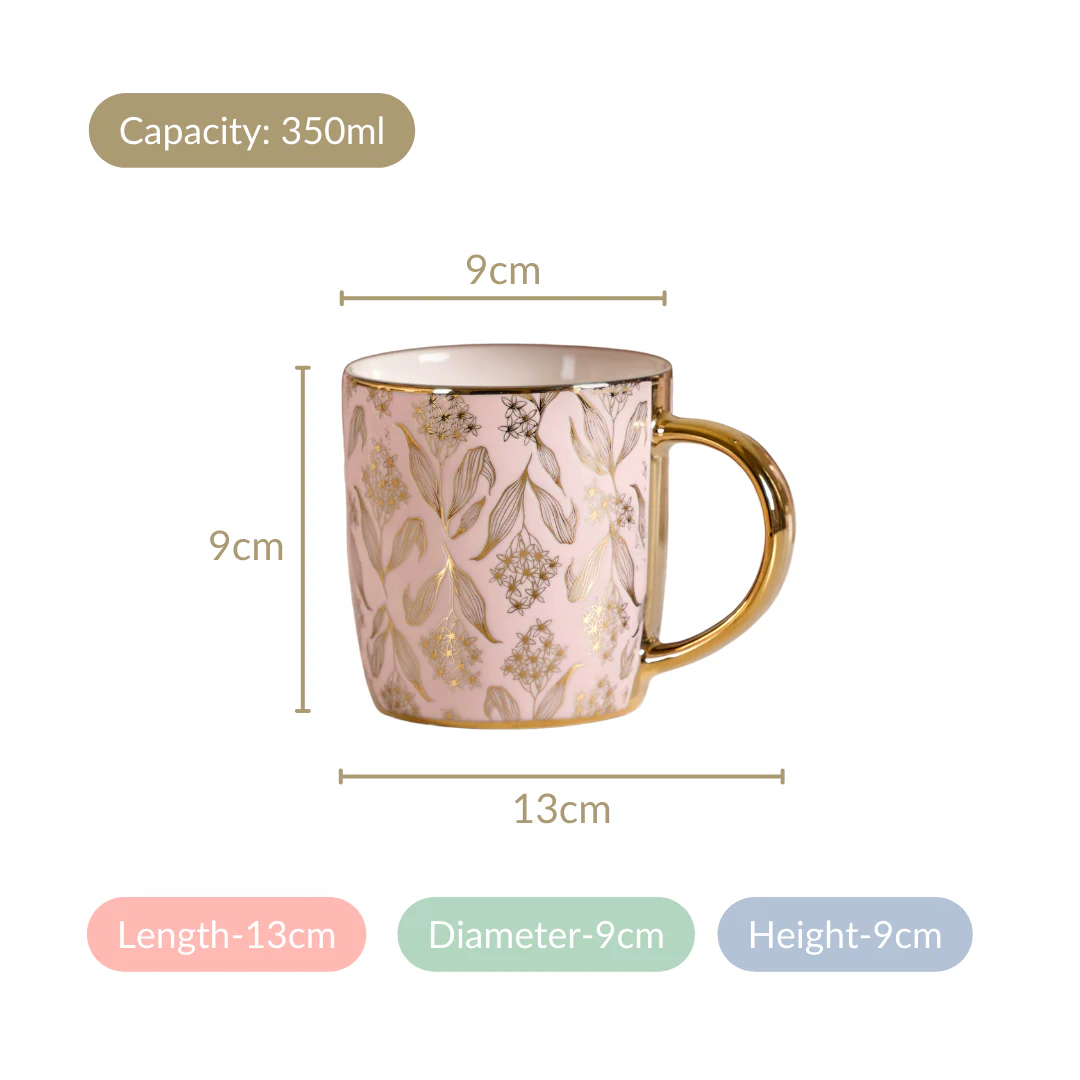 Luxe Ceramic Floral Teacup Set of 6 Pink Gold 350ml - Image 5
