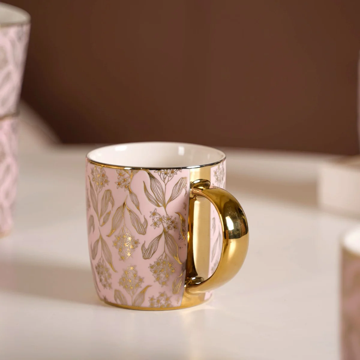 Luxe Ceramic Floral Teacup Set of 6 Pink Gold 350ml - Image 9