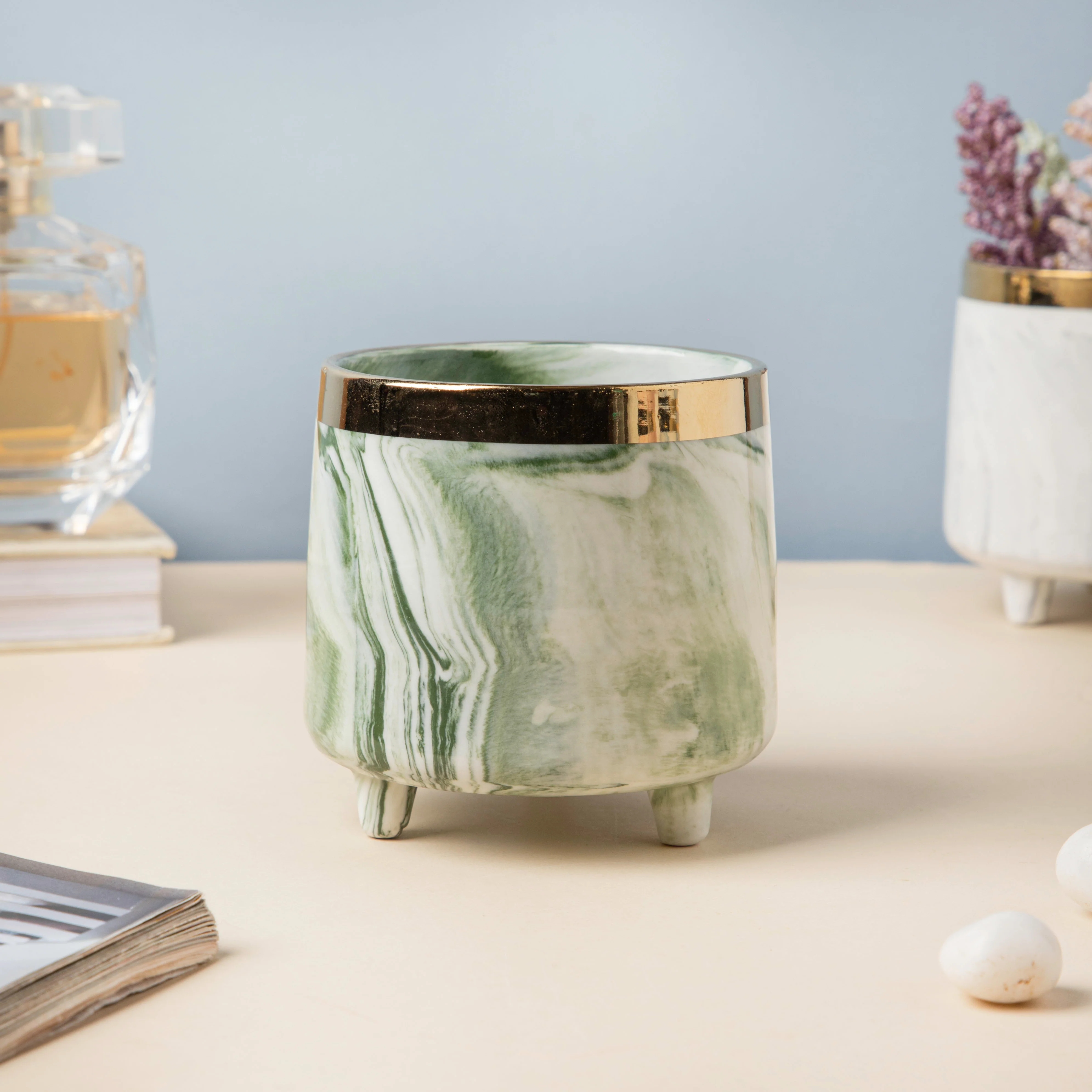 Luxe Ceramic Marble Planter Green With Legs - Image 3
