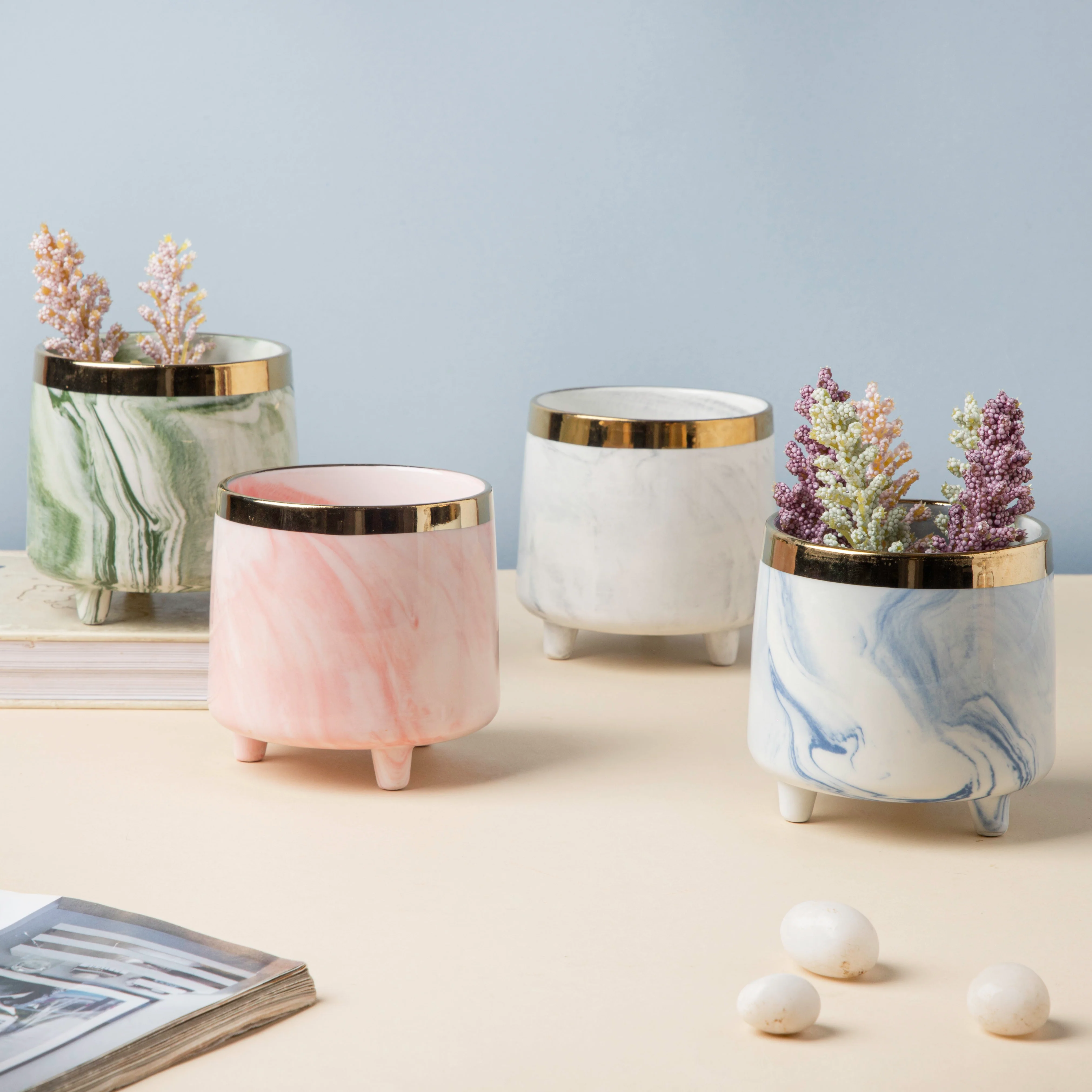 Luxe Ceramic Marble Planter Pink With Legs - Image 7