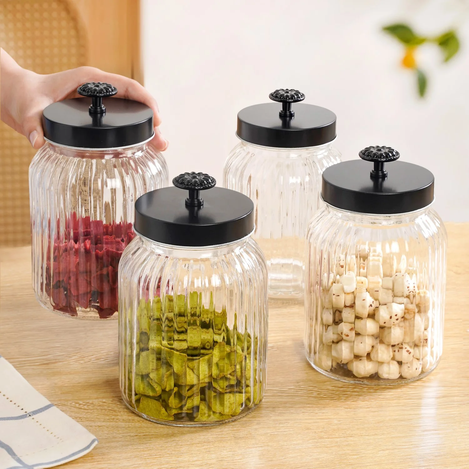 Luxe Fluted Jar With Flower Accent Lid Set Of 4 Matte Black 1000ml - Image 3