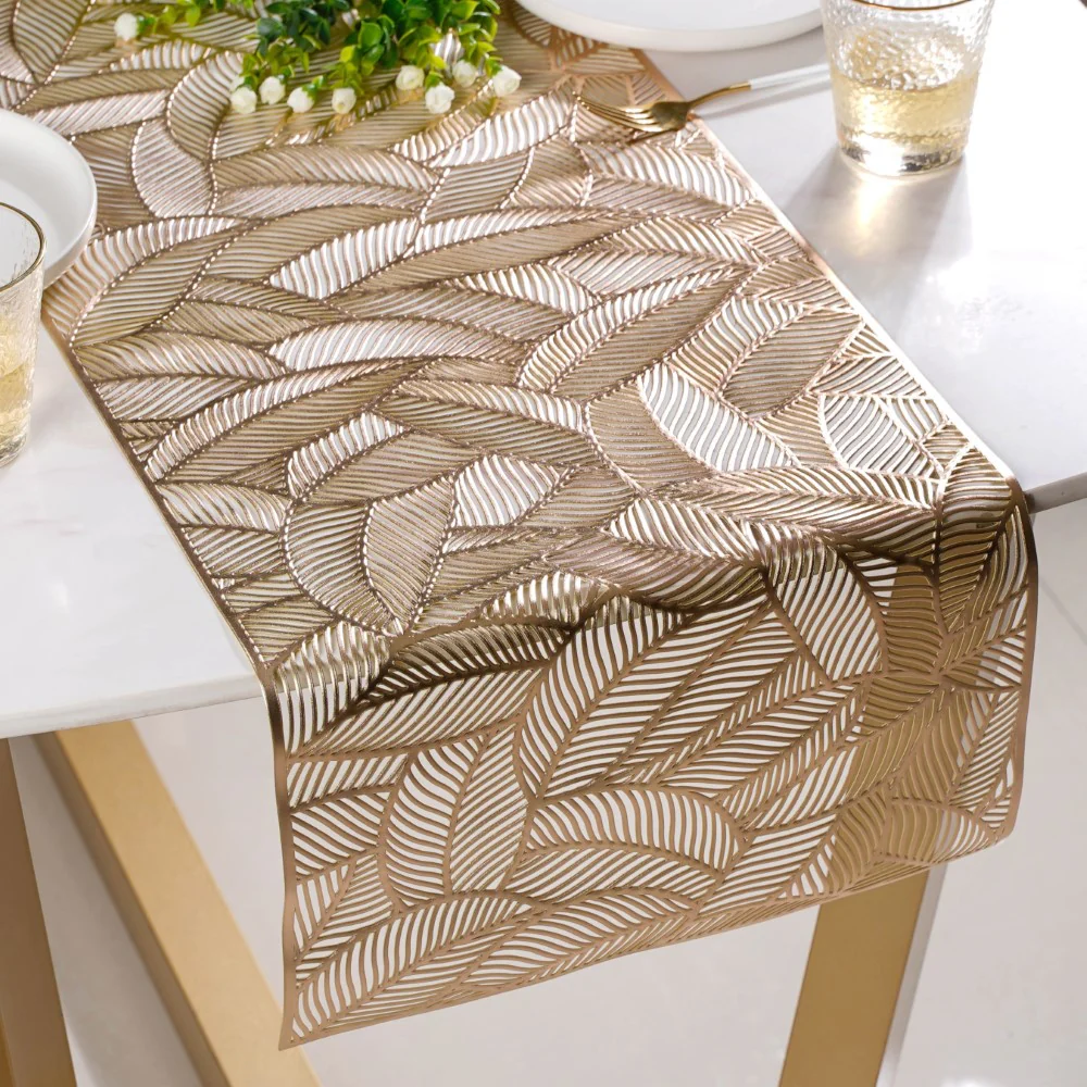 Luxe Leaves Table Runner Gold 70x14 Inch - Image 3
