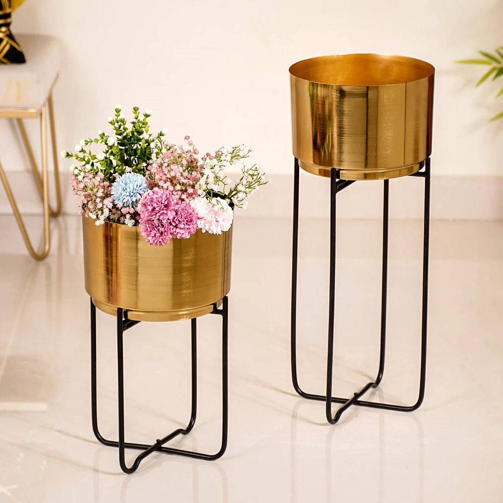 Luxe Metal Floor Planter With Stand Gold Set Of 2 - Image 10
