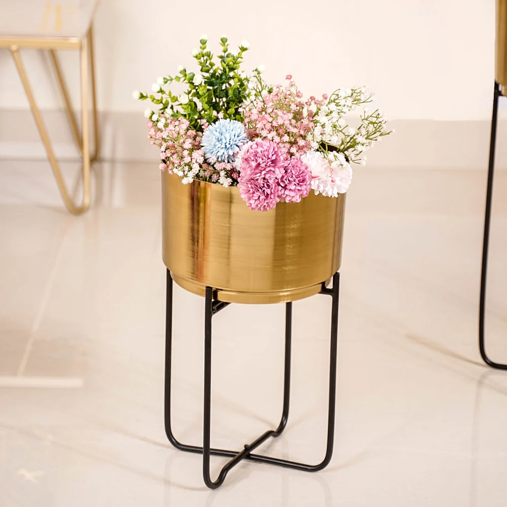 Luxe Metal Floor Planter With Stand Gold Set Of 2 - Image 11