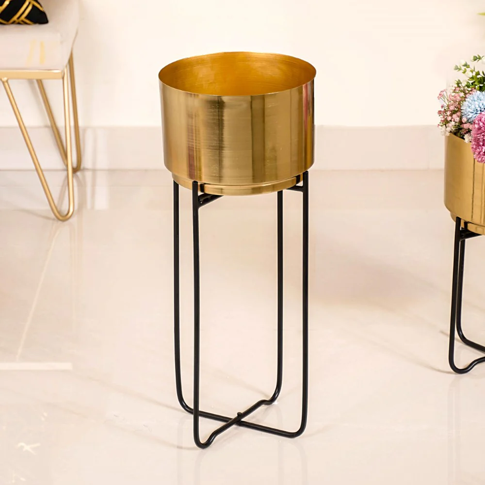 Luxe Metal Floor Planter With Stand Gold Set Of 2 - Image 12