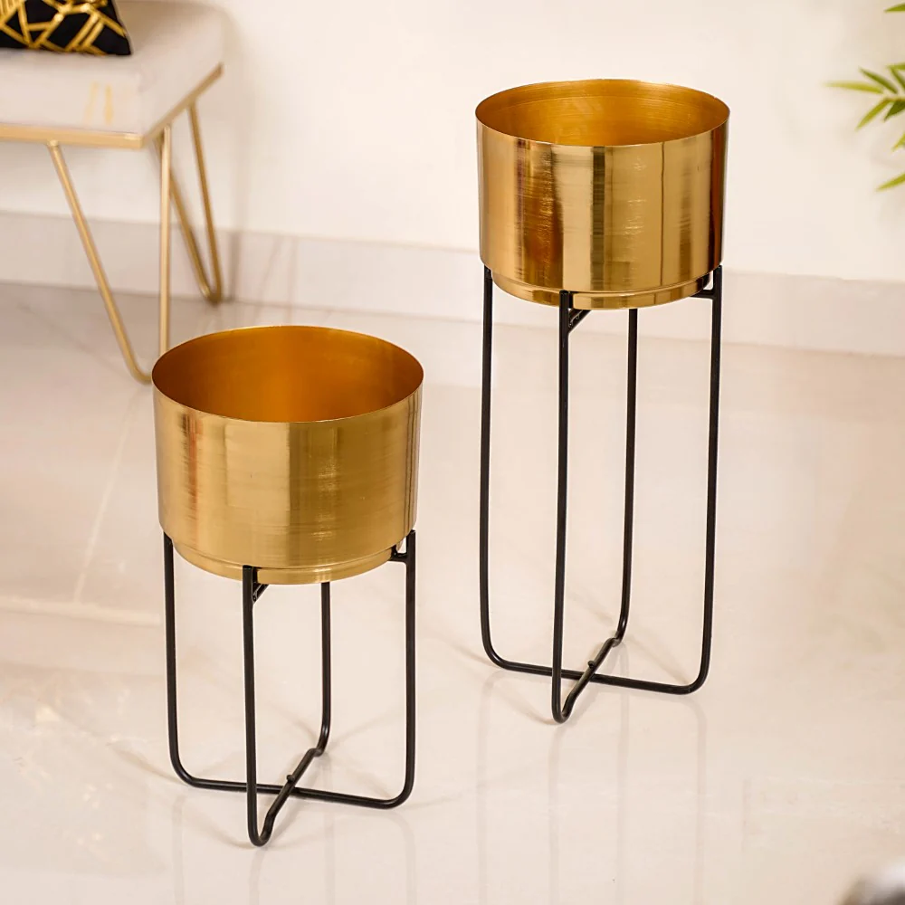 Luxe Metal Floor Planter With Stand Gold Set Of 2 - Image 18