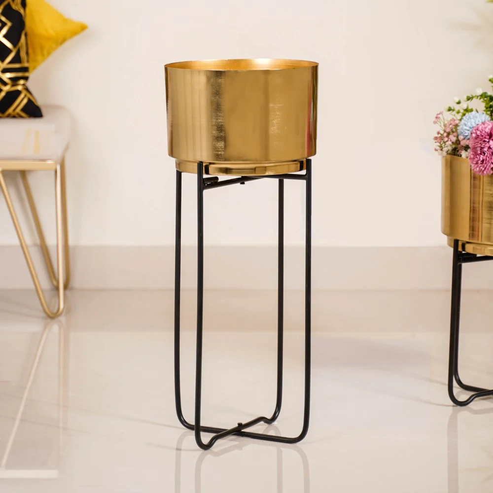 Luxe Metal Floor Planter With Stand Gold Set Of 2 - Image 6