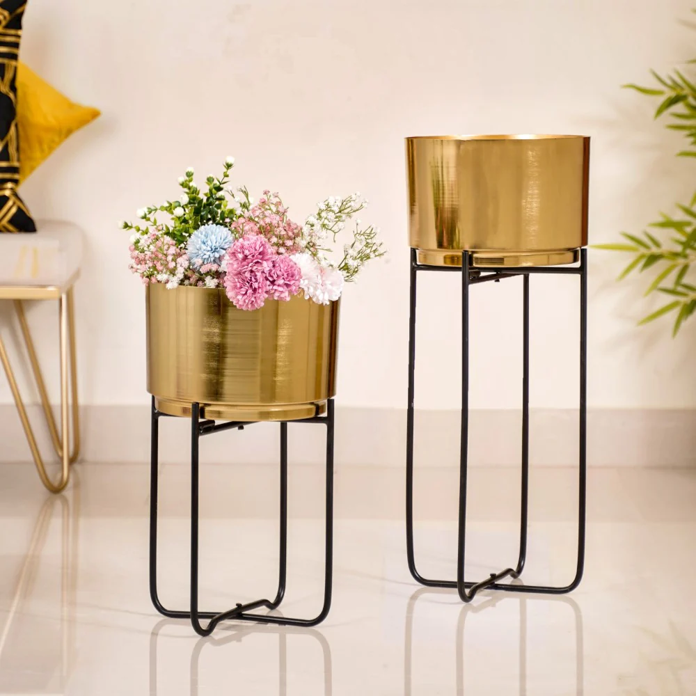 Luxe Metal Floor Planter With Stand Gold Set Of 2 - Image 8