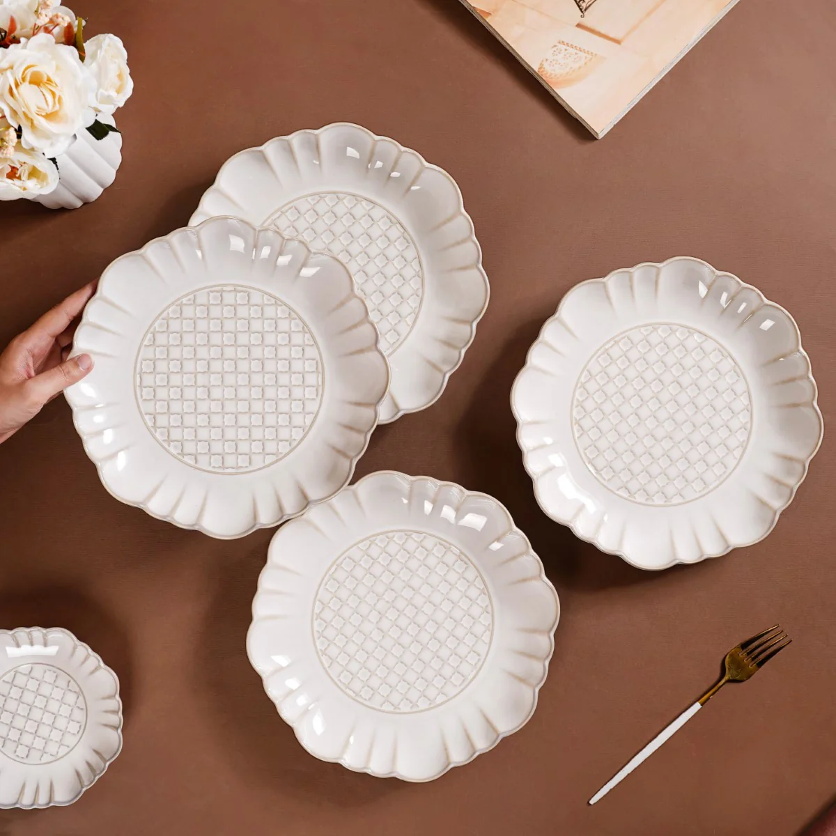 Luxury Ceramic Stoneware Dinner Plate Set Of 4 Ivory 10 Inch - Image 2