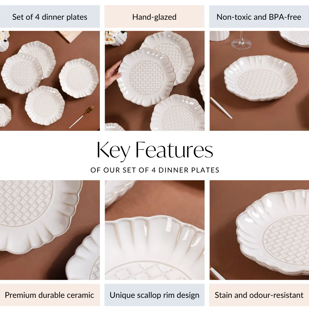 Luxury Ceramic Stoneware Dinner Plate Set Of 4 Ivory 10 Inch - Image 4