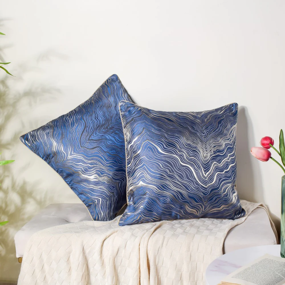 Luxury Embroidered Cushion Cover Blue Set of 2 17x17 Inch - Image 2