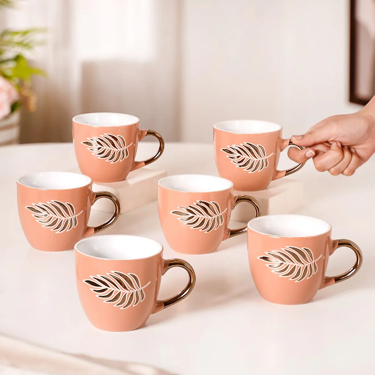 Luxury Leaf Ceramic Tea Cup Set of 6 Peach 250ml - Image 2