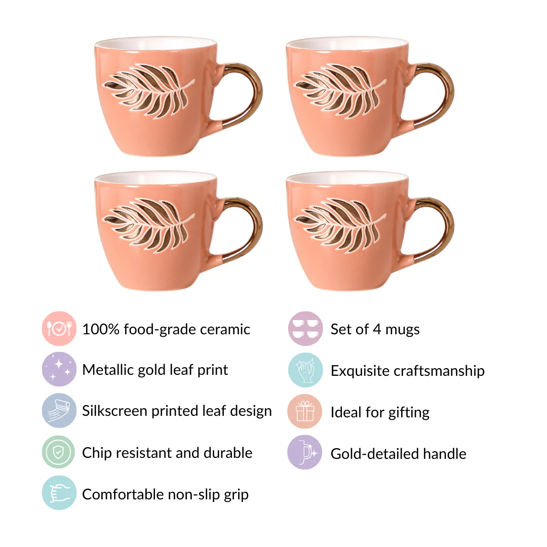 Luxury Leaf Ceramic Tea Cup Set of 6 Peach 250ml - Image 5