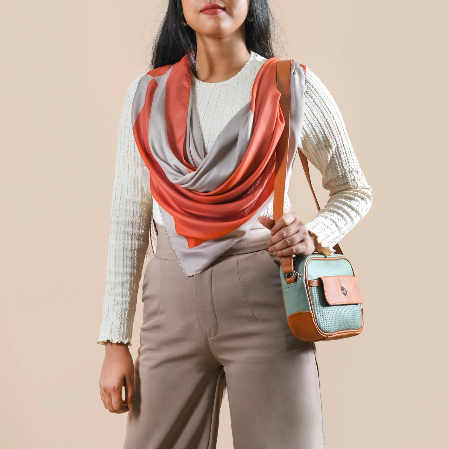 Luxury Red And Champagne Pink Silky Scarf for Women - Image 2
