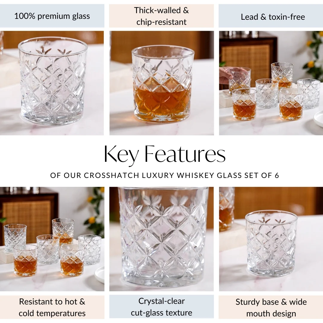 Luxury Whiskey Glass Crosshatch Pattern Set Of 6 310ml - Image 6