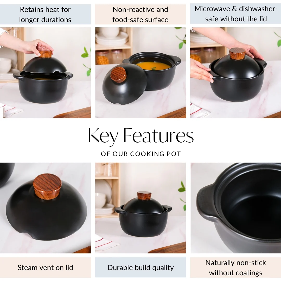 Maison Black Ceramic Clay Pot For Cooking 2200ml - Image 4