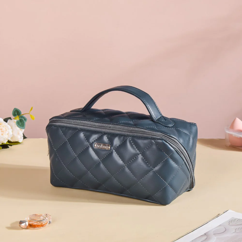 Makeup Pouch With Diagonal Side Zip Blue Grey Large - Image 10