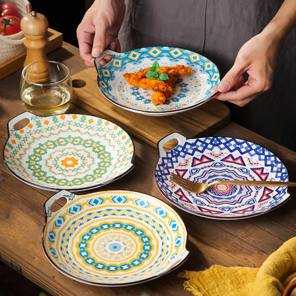 Mandala Blue Ceramic Round Plate With Handle - Image 7
