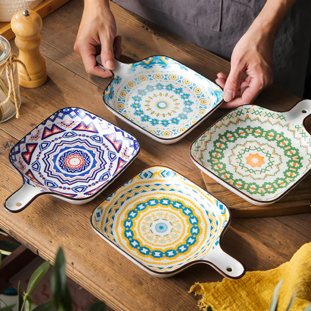Mandala Blue Square Snack Plate With Handle - Image 5