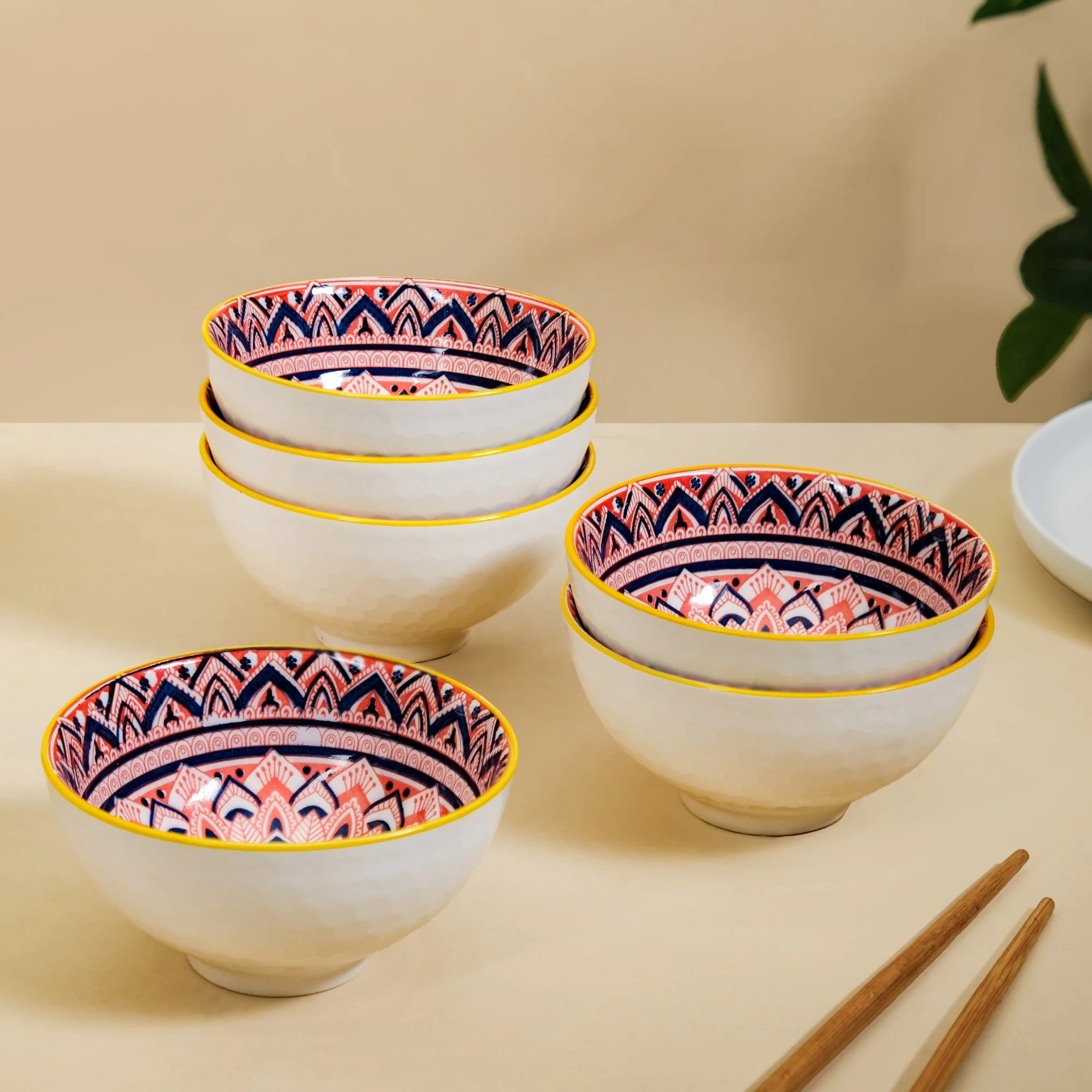 Mandala Floral Ceramic Bowl And Chopstick Multicolour Set Of 6 - Image 5