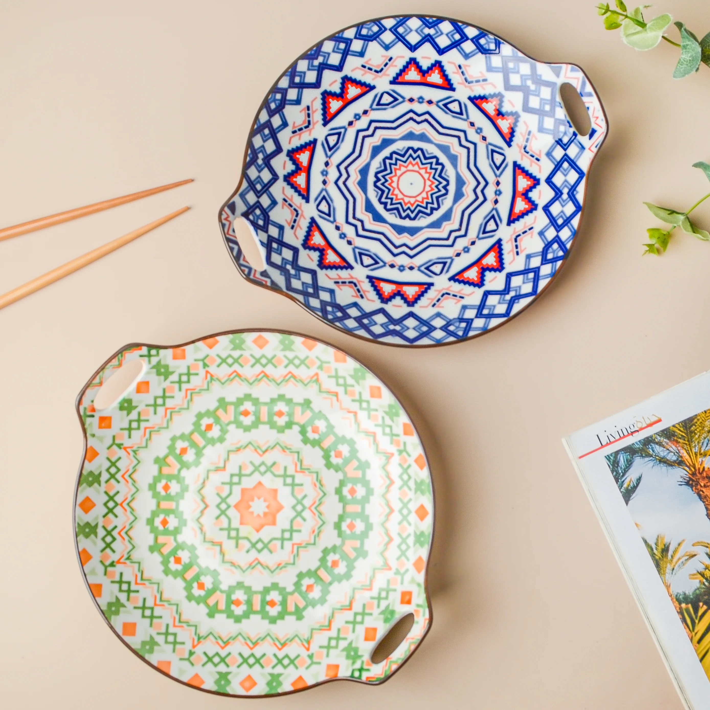 Mandala Round Ceramic Platter With Handle Green - Image 6