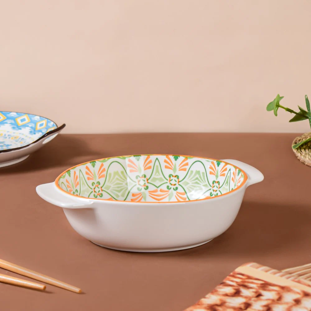 Mandala Green Floral Ceramic Baking Bowl With Handle 9 inch - Image 4