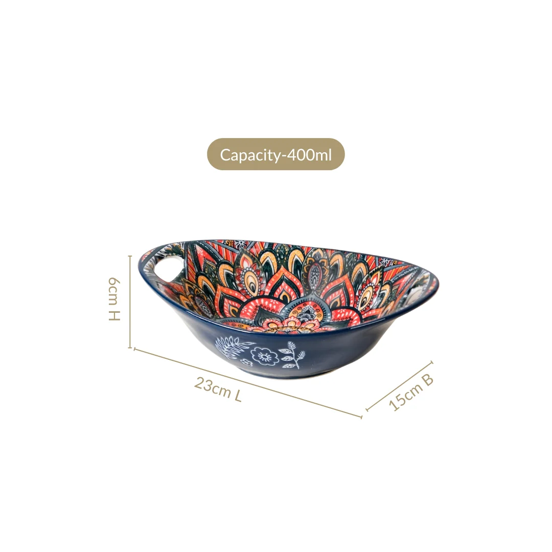 Mandala Melange Ceramic Long Dish With Handles Blue 400ml - Image 4