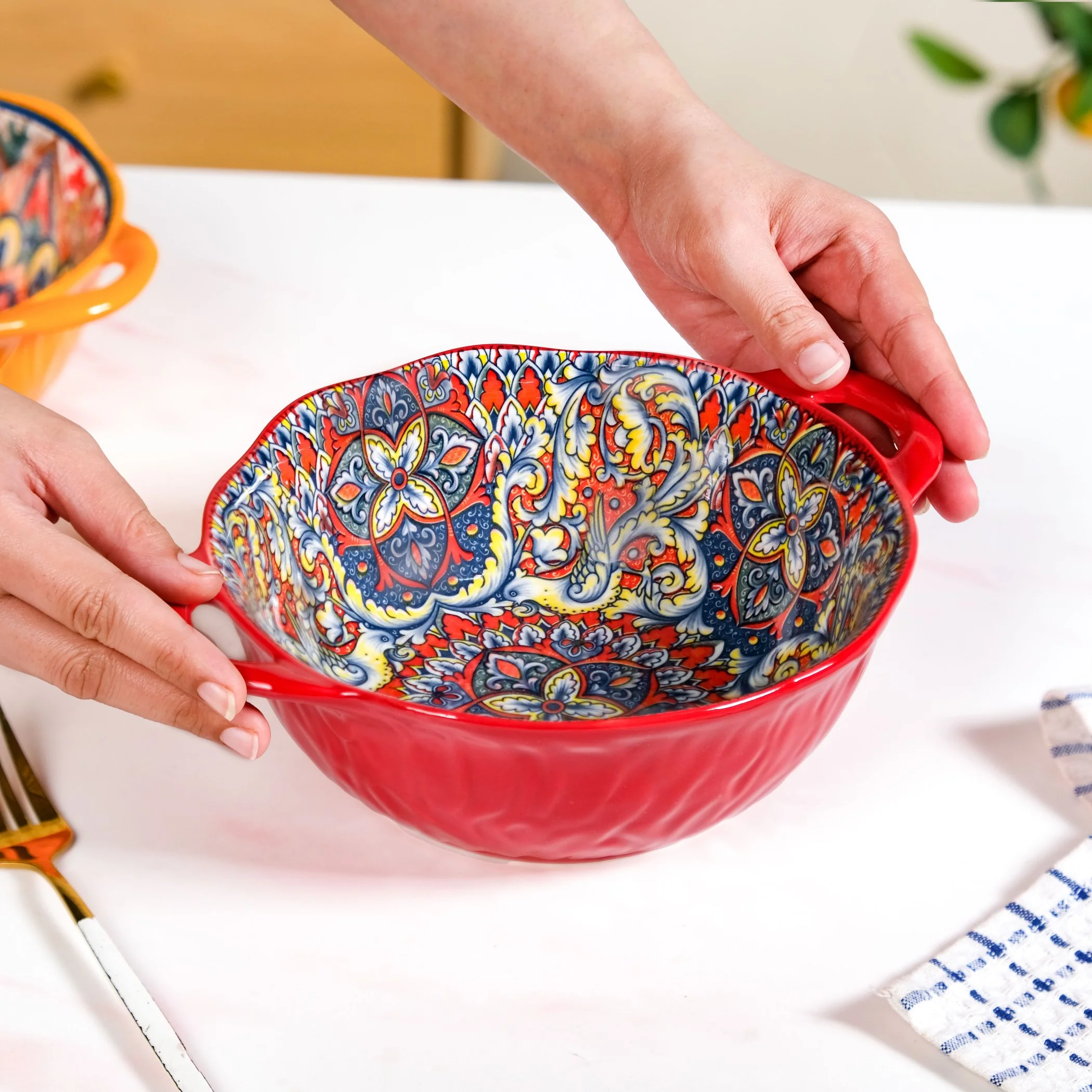 Mandala Melange Ceramic Serving Bowl Red 1500ml - Image 3