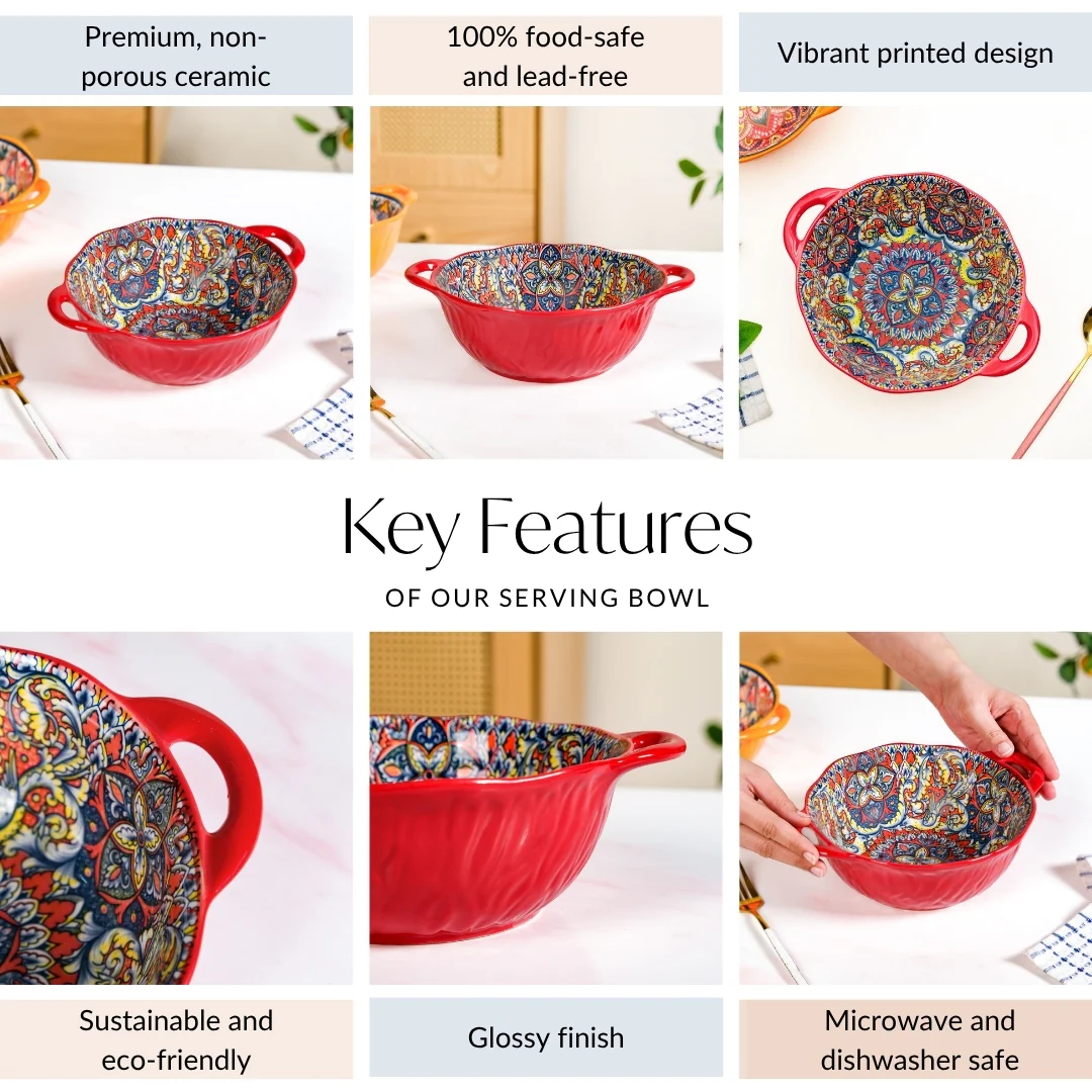 Mandala Melange Ceramic Serving Bowl Red 1500ml - Image 5