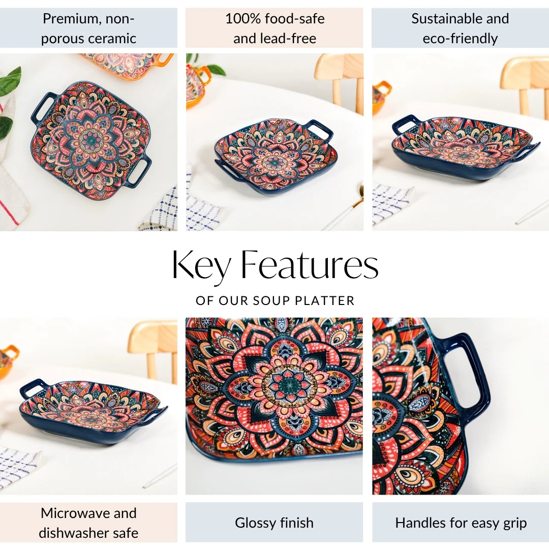 Mandala Melange Ceramic Serving Platter Dish Square Blue - Image 4