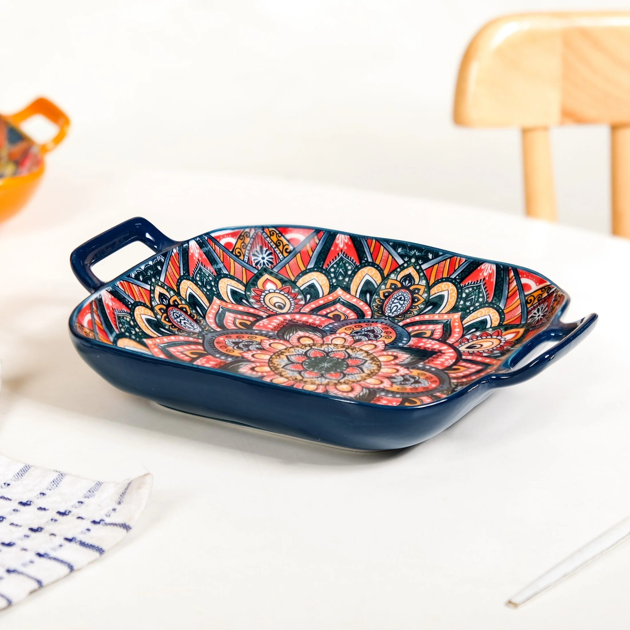 Mandala Melange Ceramic Serving Platter Dish Square Blue - Image 8